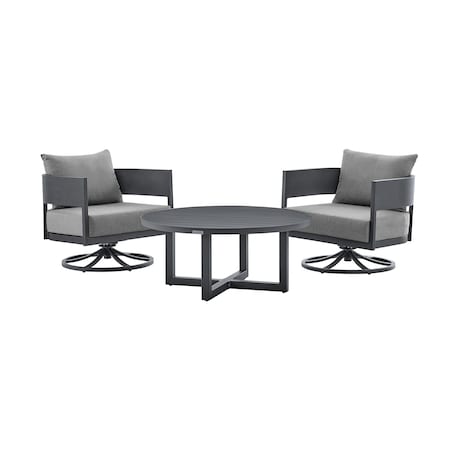 Armen Living Argiope 3 Piece Patio Outdoor Swivel Seating Set in Dark Gray Aluminum with Gray Cushions 840254332638